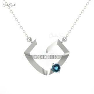 Heart Shape Minimal Necklace With 4mm London Blue Topaz Diamond Bar 14k Gold Necklace