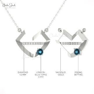 Heart Shape Minimal Necklace With 4mm London Blue Topaz Diamond Bar 14k Gold Necklace