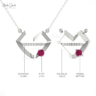 Round Cut Lip Style Necklace In Real 14k Gold Burma Ruby 4mm Gemstone Diamond Jewelry