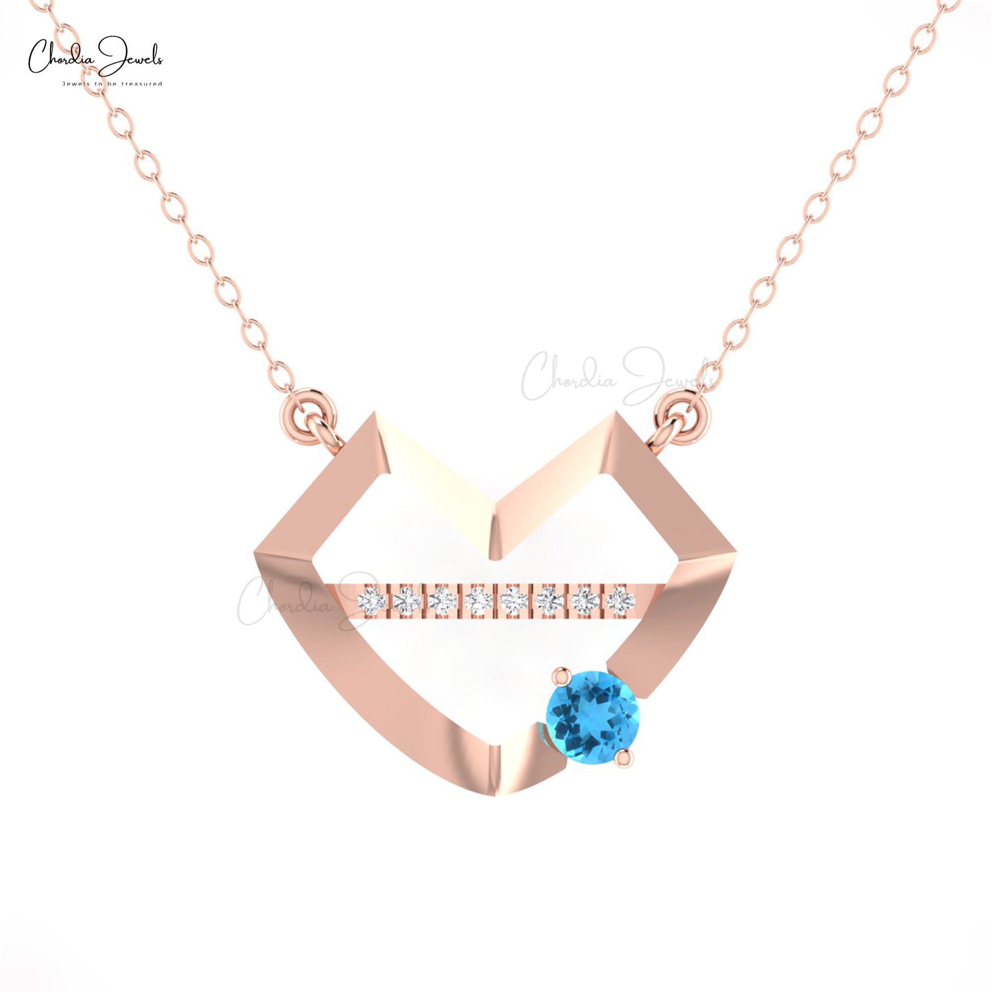 Lips Symbol Heart Necklace In Real 14k Gold Swiss Blue Topaz And Diamond Mom Necklaces