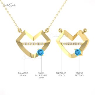 Lips Symbol Heart Necklace In Real 14k Gold Swiss Blue Topaz And Diamond Mom Necklaces