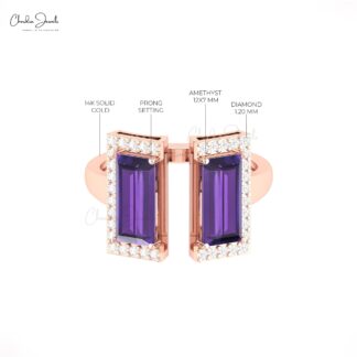 Baguette Half Halo Ring With 12x7mm Amethyst And Diamond Wedding Rings In 14k Real Gold