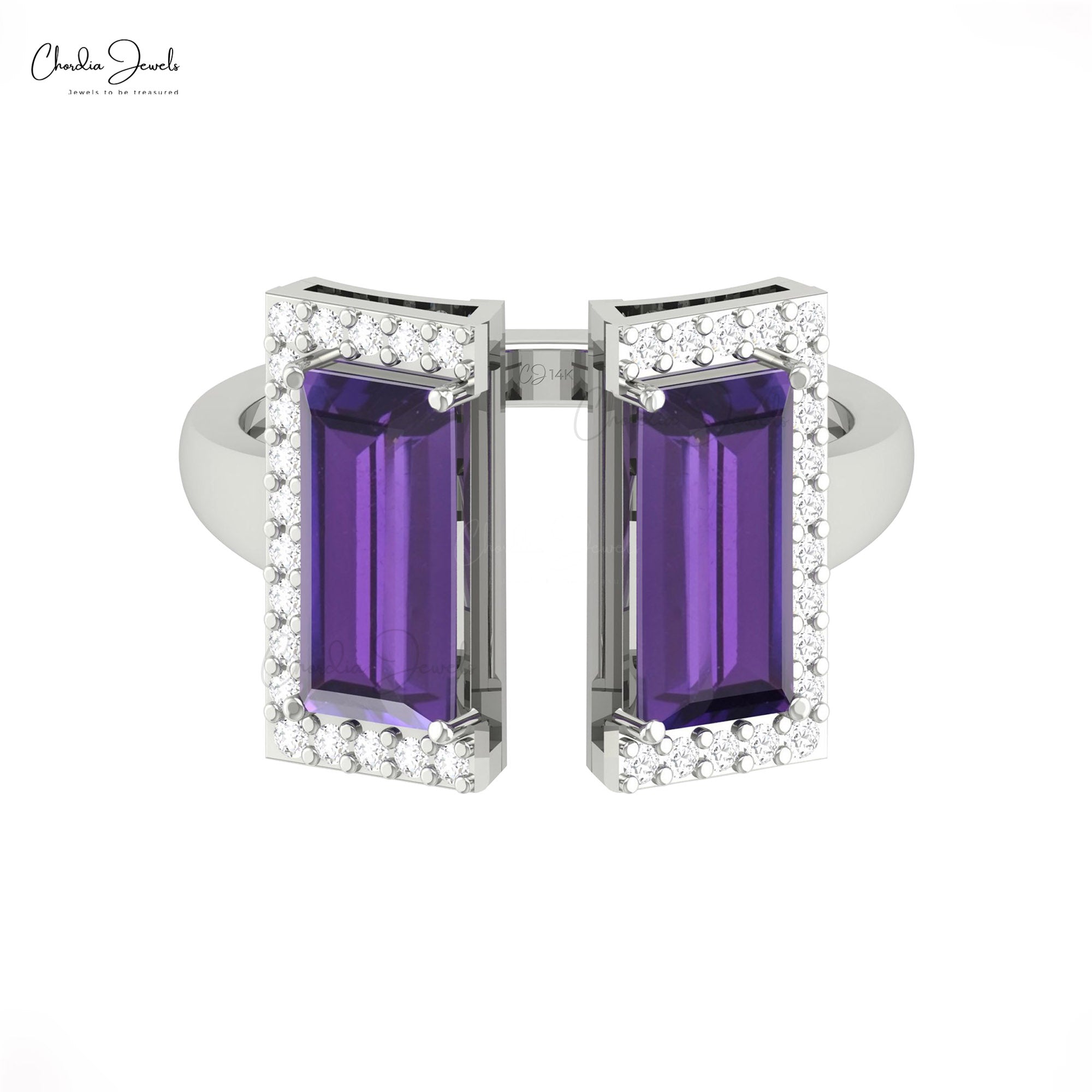 Baguette Half Halo Ring With 12x7mm Amethyst And Diamond Wedding Rings In 14k Real Gold