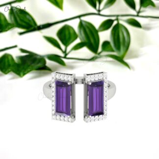 Baguette Half Halo Ring With 12x7mm Amethyst And Diamond Wedding Rings In 14k Real Gold