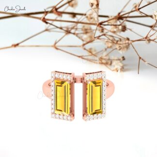 Open Cuff Diamond Rings With 12x7mm Citrine Prong Set In 14k Pure Gold Women Ring