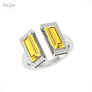Open Cuff Diamond Rings With 12x7mm Citrine Prong Set In 14k Pure Gold Women Ring