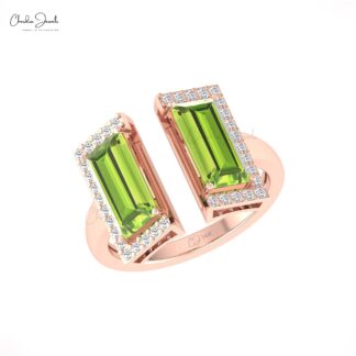 Half Halo Diamond Ring In Solid 14k Gold Peridot 12x7mm Baguette Split Shank Bridal Rings