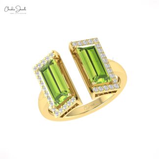Half Halo Diamond Ring In Solid 14k Gold Peridot 12x7mm Baguette Split Shank Bridal Rings