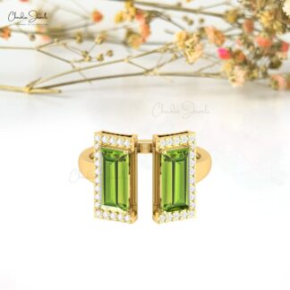 Half Halo Diamond Ring In Solid 14k Gold Peridot 12x7mm Baguette Split Shank Bridal Rings