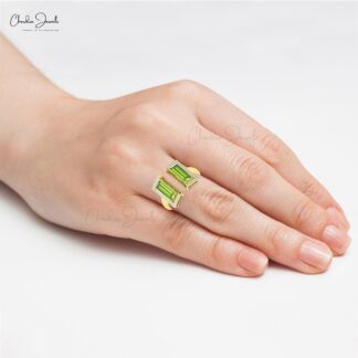 Half Halo Diamond Ring In Solid 14k Gold Peridot 12x7mm Baguette Split Shank Bridal Rings