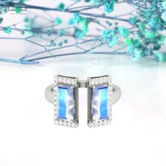 Baguette Rainbow Moonstone Ring In Pure 14k Gold Half Halo Diamond Open Cuff Rings