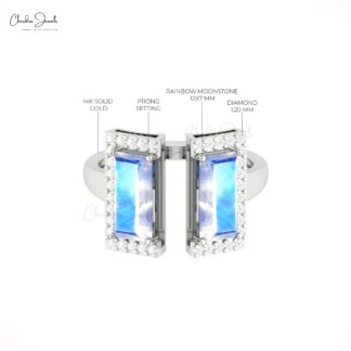Baguette Rainbow Moonstone Ring In Pure 14k Gold Half Halo Diamond Open Cuff Rings