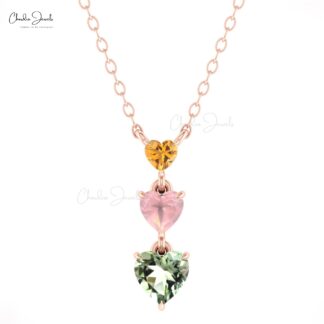 Trio Heart Cut Chain Necklace In 14k Gold Citrine 3mm And Rose Quartz & Amethyst Necklaces
