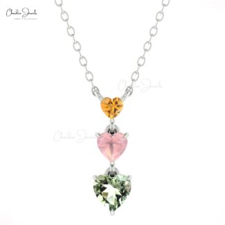 Trio Heart Cut Chain Necklace In 14k Gold Citrine 3mm And Rose Quartz & Amethyst Necklaces