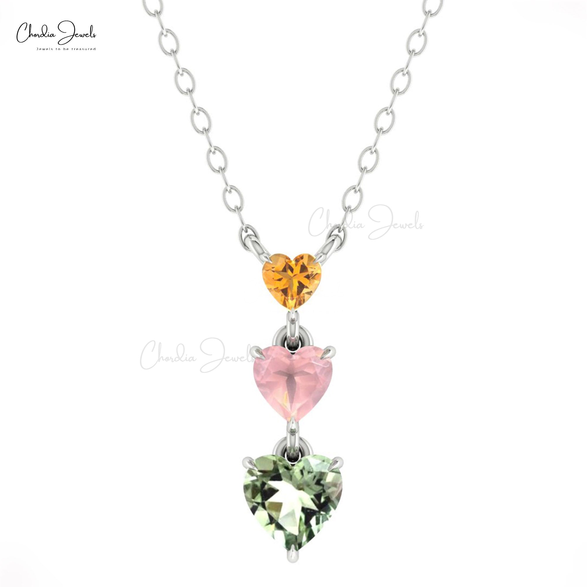 Trio Heart Cut Chain Necklace In 14k Gold Citrine 3mm And Rose Quartz & Amethyst Necklaces