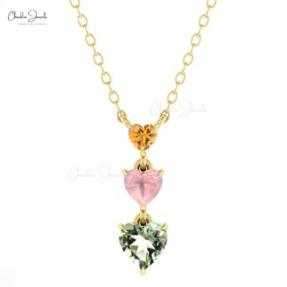 Trio Heart Cut Chain Necklace In 14k Gold Citrine 3mm And Rose Quartz & Amethyst Necklaces