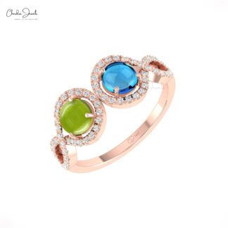 Dual Halo Wedding Ring In 14k Solid Gold Peridot And Blue Topaz Diamond Handmade Rings