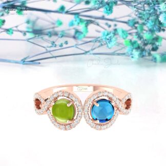 Dual Halo Wedding Ring In 14k Solid Gold Peridot And Blue Topaz Diamond Handmade Rings