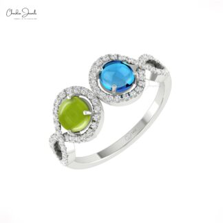 Dual Halo Wedding Ring In 14k Solid Gold Peridot And Blue Topaz Diamond Handmade Rings