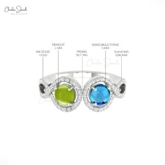 Dual Halo Wedding Ring In 14k Solid Gold Peridot And Blue Topaz Diamond Handmade Rings