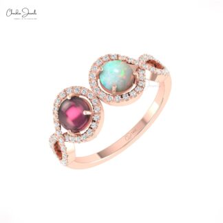 Pure 14k Gold 2 Halo Diamond Ring With 5mm Pink Tourmaline And Fire Opal Engagement Rings