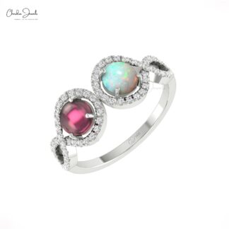Pure 14k Gold 2 Halo Diamond Ring With 5mm Pink Tourmaline And Fire Opal Engagement Rings