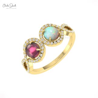 Pure 14k Gold 2 Halo Diamond Ring With 5mm Pink Tourmaline And Fire Opal Engagement Rings