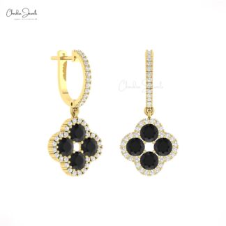 Floral Diamond Earring In Solid 14k Gold Black Diamond 4mm Round 4 Leaf Halo Earrings