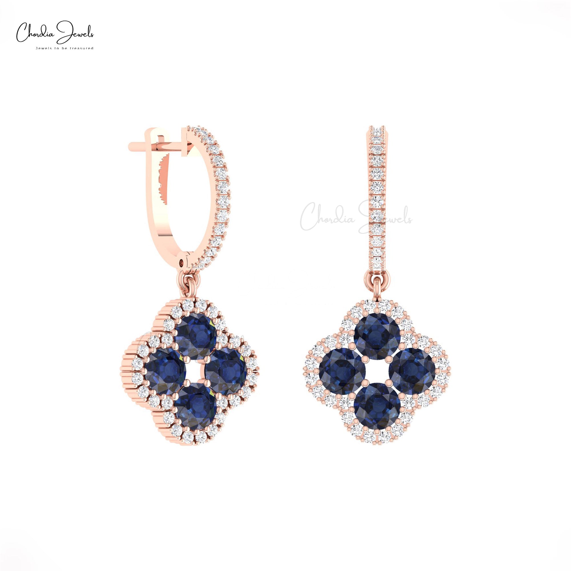 Solid 14k Gold Dangle Hoop Earrings With 4mm Blue Sapphire And Diamond Halo Earring