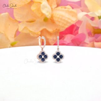 Solid 14k Gold Dangle Hoop Earrings With 4mm Blue Sapphire And Diamond Halo Earring