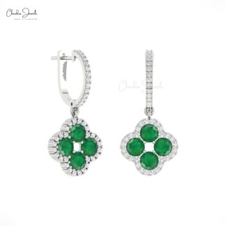 Four Leaf Halo Earrings With 3.04 Ct Emerald And Diamond Clover Earrings In 14k Real Gold