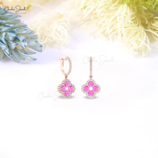 Halo Dangling Earring With 3 Ct Pink Sapphire And Diamond 14k Solid Gold Love Earrings