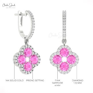 Halo Dangling Earring With 3 Ct Pink Sapphire And Diamond 14k Solid Gold Love Earrings