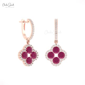 Halo Clover Diamond Earring In Solid 14k Gold Burma Ruby 4mm Gemstone Earrings For Her