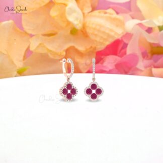 Halo Clover Diamond Earring In Solid 14k Gold Burma Ruby 4mm Gemstone Earrings For Her