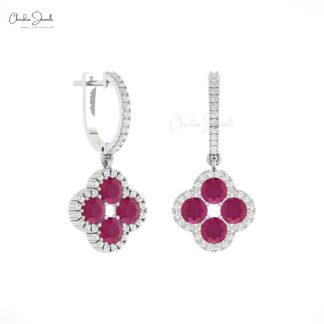 Halo Clover Diamond Earring In Solid 14k Gold Burma Ruby 4mm Gemstone Earrings For Her