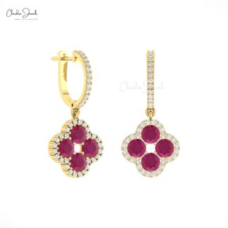 Halo Clover Diamond Earring In Solid 14k Gold Burma Ruby 4mm Gemstone Earrings For Her
