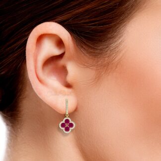 Halo Clover Diamond Earring In Solid 14k Gold Burma Ruby 4mm Gemstone Earrings For Her