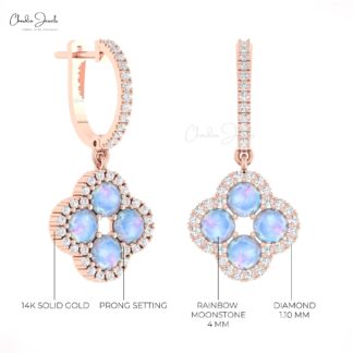 Four Leaf Clover Earring In 14k Solid Gold Rainbow Moonstone Pave Diamond Earrings