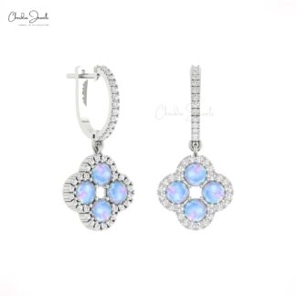 Four Leaf Clover Earring In 14k Solid Gold Rainbow Moonstone Pave Diamond Earrings