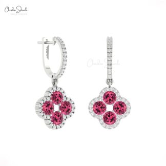 Round Halo Diamond Earring With 4mm Pink Tourmaline 14k Real Gold Dangle Women Earrings