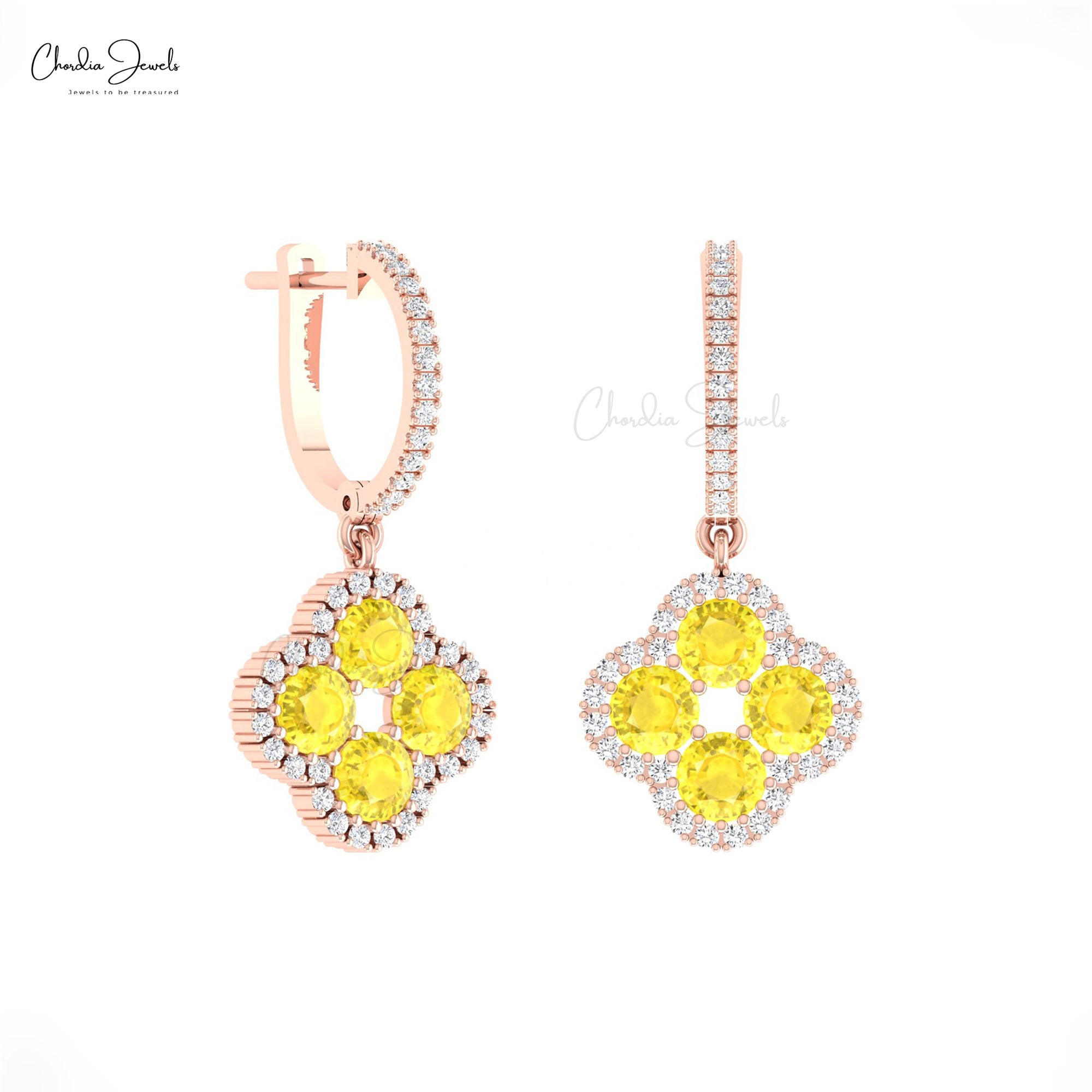 Clover Halo Earring In 14k Solid Gold Yellow Sapphire Diamond Floral Latch Back Earrings