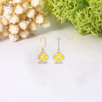 Clover Halo Earring In 14k Solid Gold Yellow Sapphire Diamond Floral Latch Back Earrings