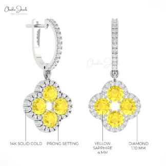 Clover Halo Earring In 14k Solid Gold Yellow Sapphire Diamond Floral Latch Back Earrings
