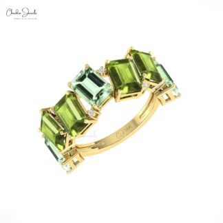 Half Eternity Promise Ring In 14k Solid Gold Green Amethyst And Peridot G-H Diamond Bands