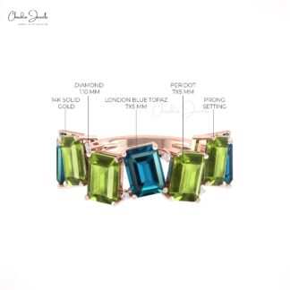 Octagon London Blue Topaz Half Eternity Band With Peridot And Diamond 14k Real Gold Ring