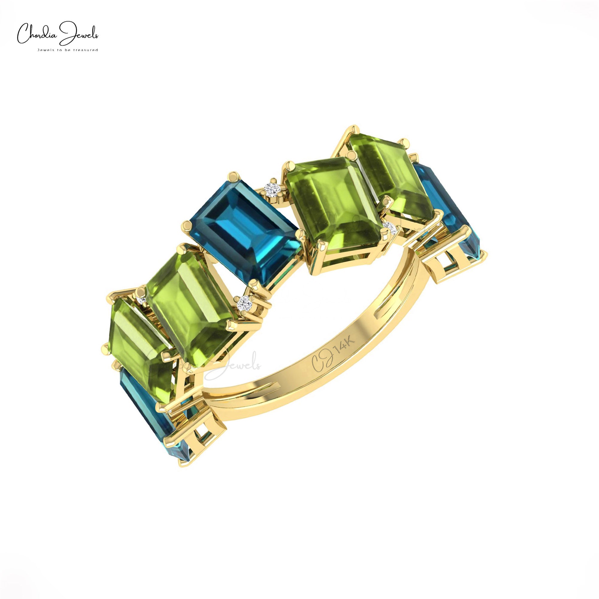 Octagon London Blue Topaz Half Eternity Band With Peridot And Diamond 14k Real Gold Ring