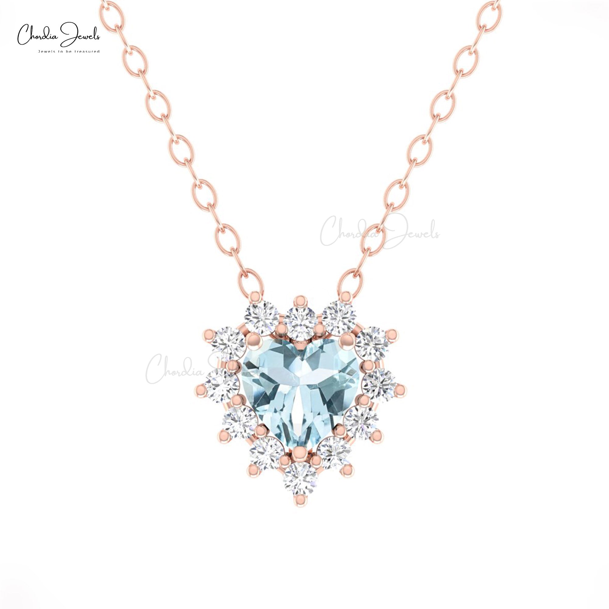 Genuine Aquamarine Heart Chain Necklace With G-H Diamond 14k Real Gold Fine Jewelry