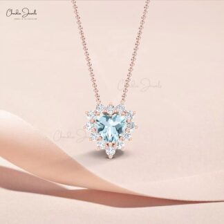 Genuine Aquamarine Heart Chain Necklace With G-H Diamond 14k Real Gold Fine Jewelry