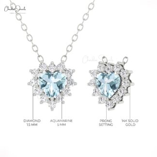 Genuine Aquamarine Heart Chain Necklace With G-H Diamond 14k Real Gold Fine Jewelry